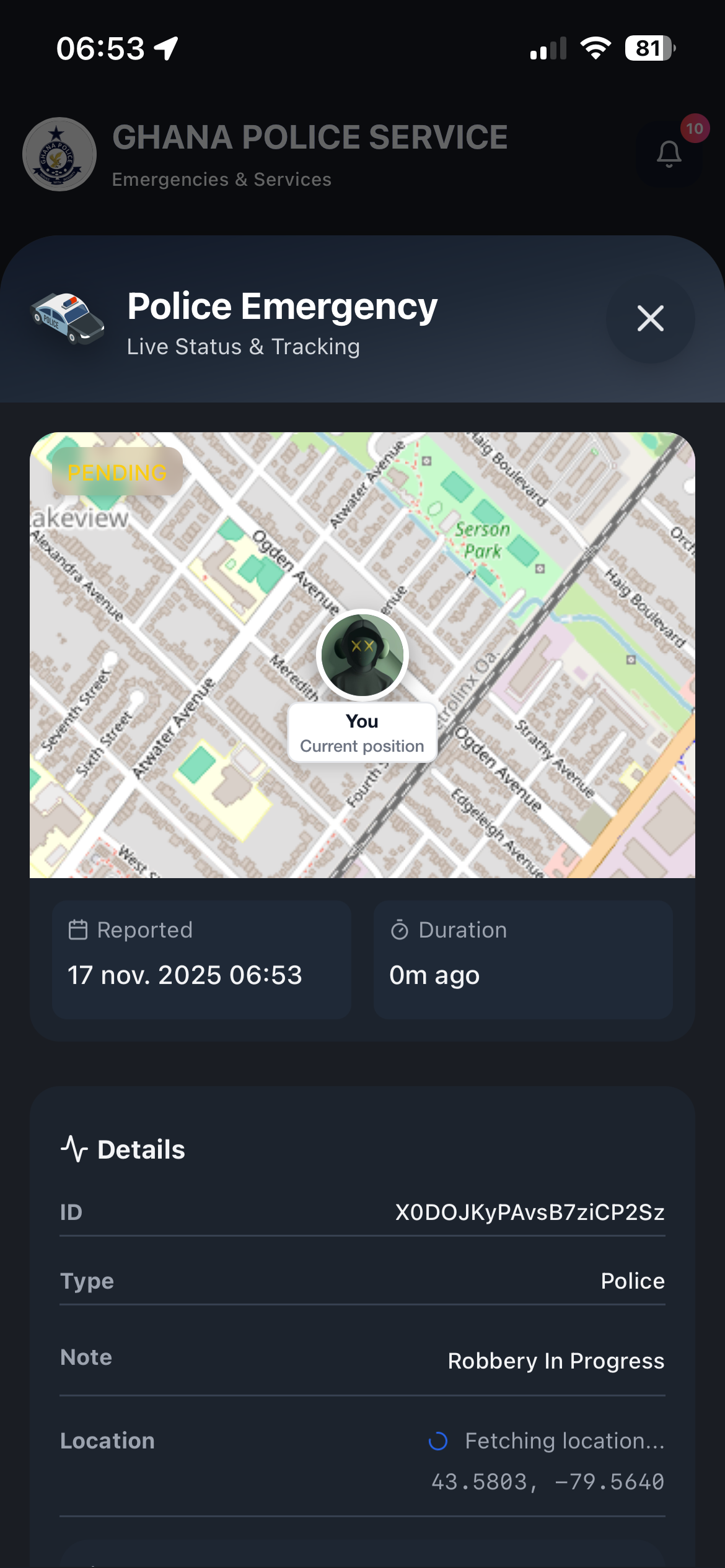 Real-time responder dashboard view in SERCS app