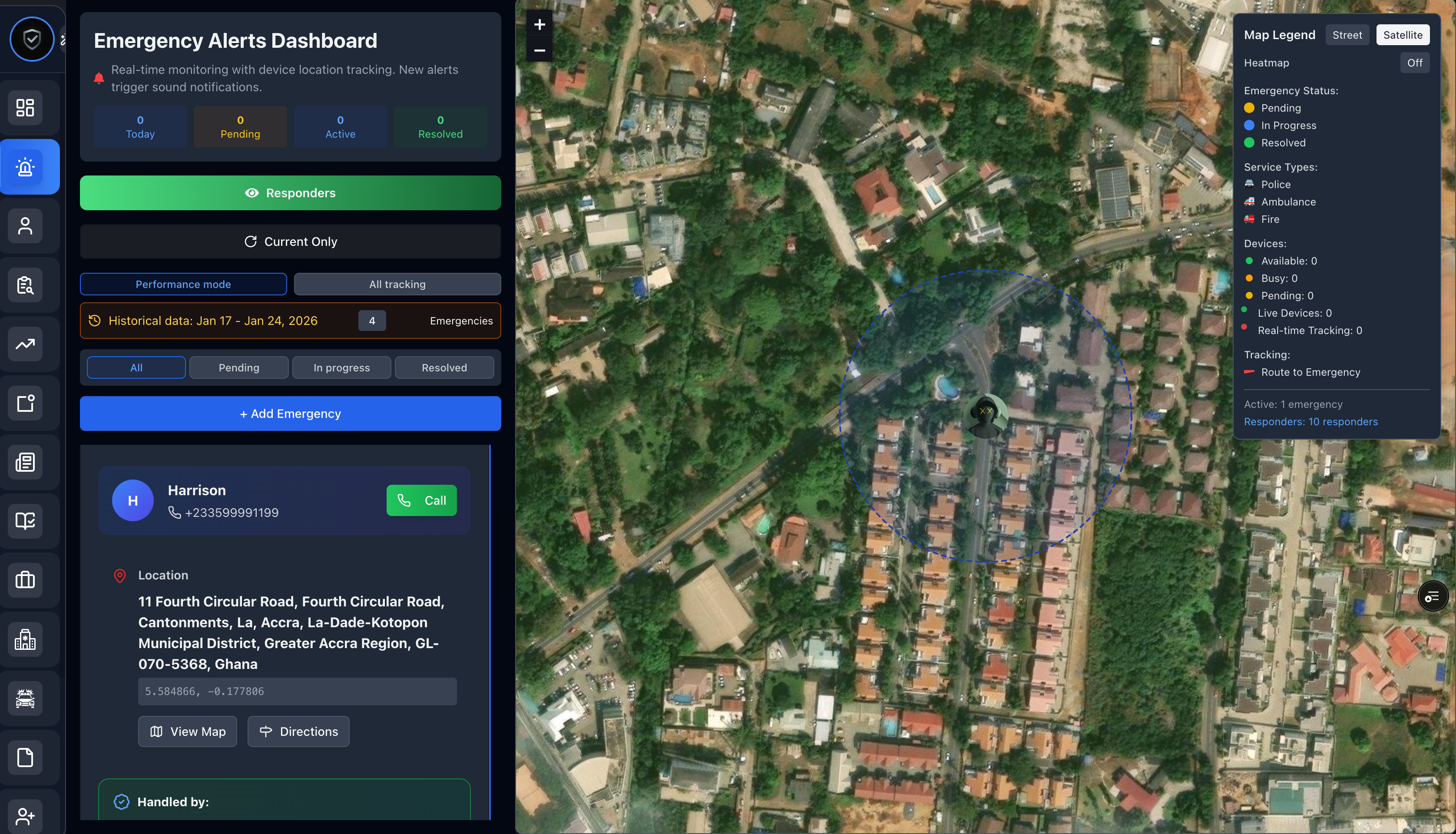 Location tracking map in SERCS app for emergency management