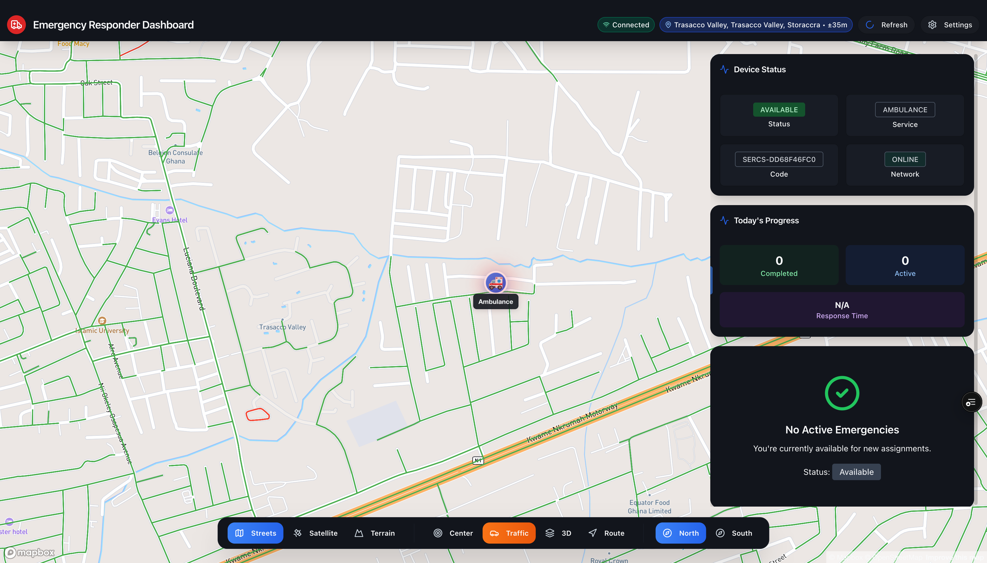 Real-time responder dashboard view in SERCS app